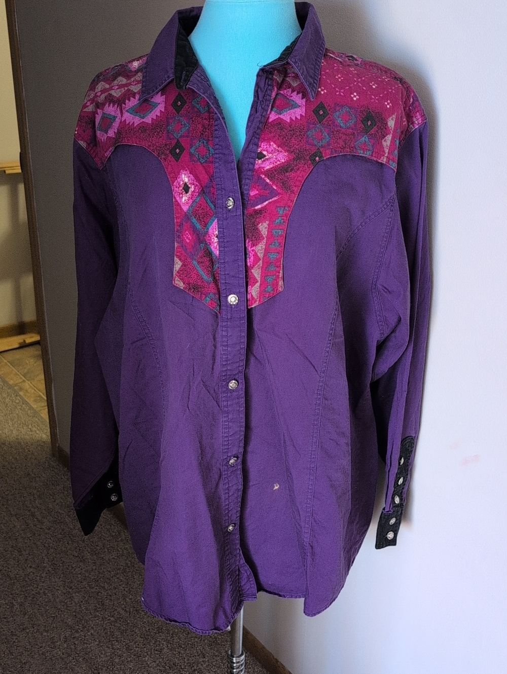 Wrangler Purple Western Silver Button with Pink Patterned Yoke Vintage
